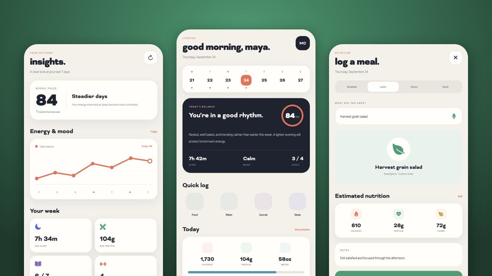 Three LifeSync screens: insights, the home tab with today's balance, and a meal logged with calories and macros